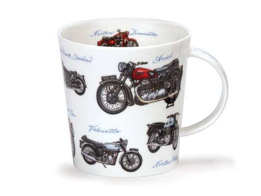 the Cairngorm mug from Dunoon showcases an assortment of vintage motorbikes meticulously hand-designed by artist Richard Pratis. As a part of the esteemed Classic Collection