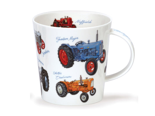 The Cairngorm mug from Dunoon's Classic Collection features a vibrant display of multicolored tractors encircling its exterior, each accompanied by its title. 