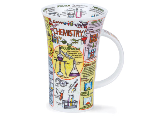  Glencoe 'Chemistry' Mug from Dunoon is meticulously crafted from fine bone china, showcasing a vibrant array of chemical diagrams and equipment on its exterior.