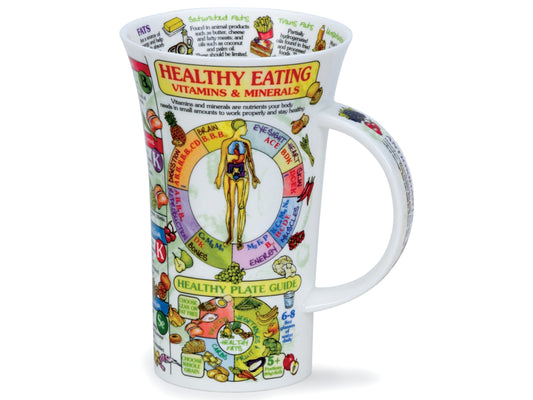 Crafted from fine bone china, the Healthy Eating mug by Dunoon serves as an informative guide to essential vitamins, minerals, and food groups crucial for optimal human function.