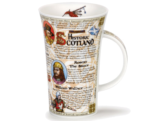 The Glencoe 'Historic Scotland' Mug from Dunoon is expertly crafted using fine bone china, offering a captivating journey through Scotland's vibrant history. From Scottish kings to the inventions of golf and television, this beautifully designed mug is adorned with an abundance of information and features small, colorful portraits of famous Scotsmen