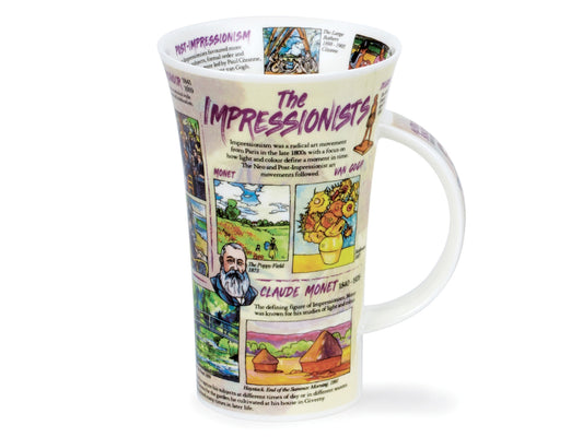 The Glencoe 'Impressionists' Mug by Dunoon is delicately crafted from fine bone china, featuring charming cartoon depictions of prominent first impressionist artists and their renowned works.