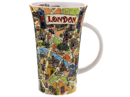 Part of their Glencoe range, this Tour Of London Mug by Dunoon is crafted of a fine bone china and takes its user on a tour of the capital, with a colourful cartoon map printed around its exterior that outlines all the well-known landmarks and streets of the big city, as well as all the buildings that can be found running along the Thames in central London printed around the inner rim of the mug