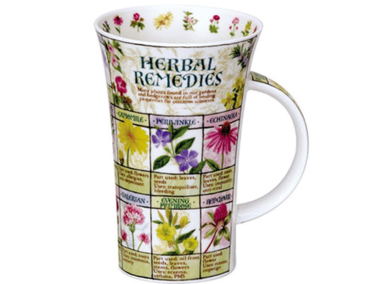 The Glencoe 'Herbal Remedies' Mug from Dunoon is meticulously crafted using fine bone china, adorned with a vibrant array of herbs and flowers. Each botanical illustration indicates the remedial qualities found in specific parts of the plant. 