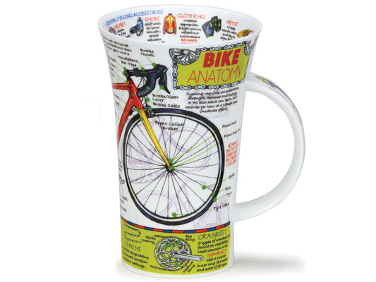 Glencoe 'Bike Anatomy' Mug from Dunoon is meticulously crafted using fine bone china, showcasing a detailed anatomical breakdown of a bicycle
