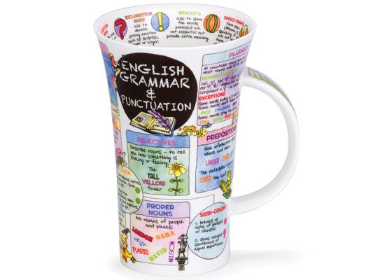 Glencoe 'English Grammar & Punctuation' Mug from Dunoon is skillfully crafted using fine bone china, providing users with a unique opportunity to enhance their grammatical skills. It defines various word categories and illustrates how they can be correctly employed in both speech and writing