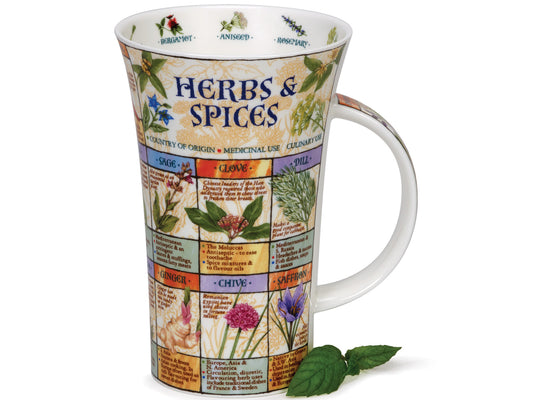 The Glencoe 'Herbs & Spices' Mug from Dunoon is skillfully crafted with fine bone china, showcasing a diverse array of herbs and spices on its exterior. Each illustration includes details about their place of origin, as well as their medicinal and culinary uses.