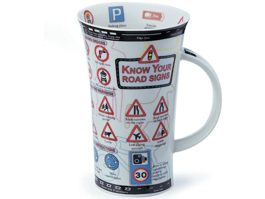Dunoon's Glencoe 'Know Your Road Signs' Mug is meticulously crafted from fine bone china, featuring a comprehensive display of various road signs and their corresponding names.