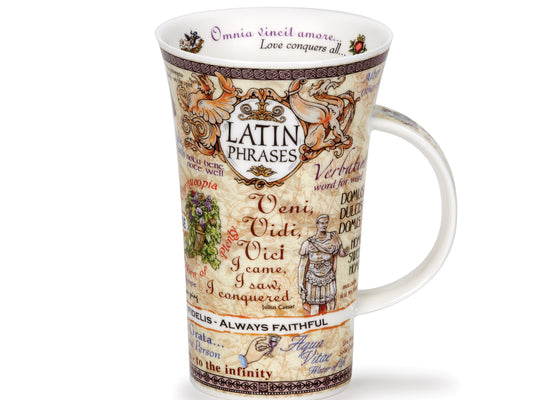 The Glencoe 'Latin Phrases' Mug by Dunoon is meticulously crafted from fine bone china, showcasing a diverse collection of renowned Latin idioms. Each phrase is presented in various fonts and colors, accompanied by its English translation. This mug is an ideal gift for passionate linguists or avid readers who appreciate the beauty of classical languages.