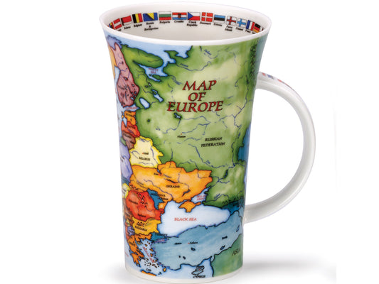 Dunoon's Glencoe 'Map Of Europe' Mug is crafted from a fine bone china and is printed with a colourful map of all European countries around its exterior, as well as having each country's flag around the rim of its interior.