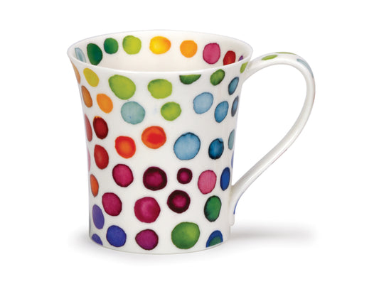 The Jura Hot Spots mug by Dunoon, though smaller in stature, bursts with vibrancy and color. Its exterior is adorned with a playful multicolour ink blotch pattern set against a white fine bone china background. 