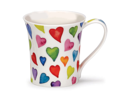 Brighten up your morning with Dunoon's Jura Warm Hearts Mug - smaller in size, this mug is printed with a multi-coloured heart pattern on a white fine bone china base, as well as a ring of hearts around its inner rim.