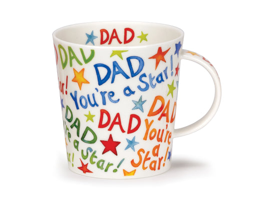 The Lomond Dad You're A Star Mug from Dunoon is the ideal gift for those who want to express appreciation for the best dad in their lives. The phrase is artfully printed on a white fine bone china base, encircling the exterior, and complemented by scattered stars in various colors.