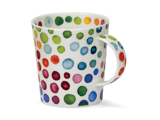 the Hotspots Mug stands out with its distinctive design featuring multicolored blotches on a pristine white fine bone china surface, both encircling the outer and inner portions of the mug.