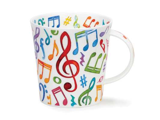 the Upbeat fine bone china mug is a lively choice. Adorned with an assortment of musical notes in various colors and sizes, the design extends across both the exterior and inner rim. 