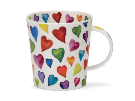The Warm Hearts fine bone china mug, part of Dunoon's Lomond range, is adorned from top to bottom with multi-colored hearts of various sizes.