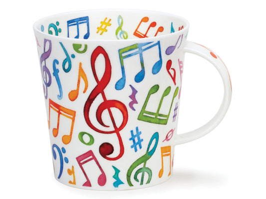 the Dunoon Upbeat mug boasts a quirky multicolored pattern of musical notes adorning its exterior. Against the white backdrop of fine bone china, the colors appear vibrant and lively, enhancing its charm.