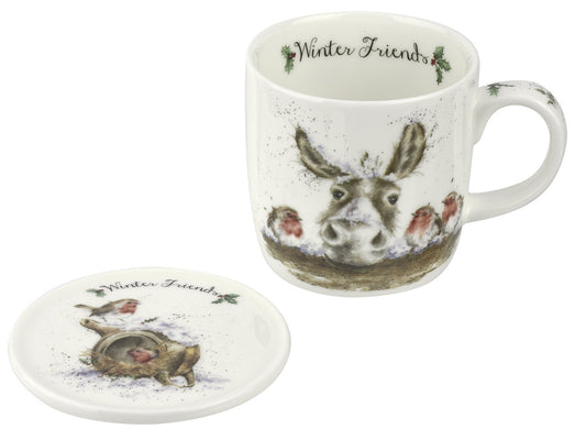 Wrendale Donkey & Robin Christmas Mug & Coaster Set - Winter Friends