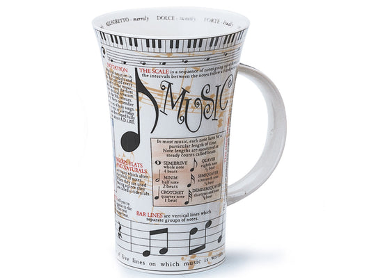 This fine bone china 'Music' Mug is a part of Dunoon's Glencoe range, and is full of informative facts about the study of music. Printed all across its exterior are definitions of all different music terminology along with diagrams to accompany them, as well as a piano-print with all the labelled keys along the handle and definitions of the Latin music terminology printed around the inner rim of the mug.