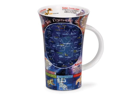 This intricately illustrated fine bone china mug celebrates the beauty of the night sky, perfect for any fan of stargazing. With maps of the northern and southern sky, as well as seasonal constellations and facts about the history of space exploration along the handle